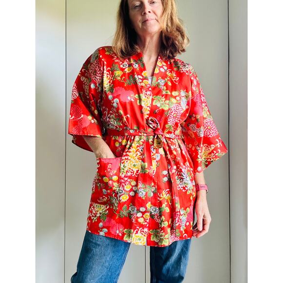 Vintage 70s Kimono Short Robe Orange floral Print Belted Pockets Loungewear Pool - Picture 8 of 8